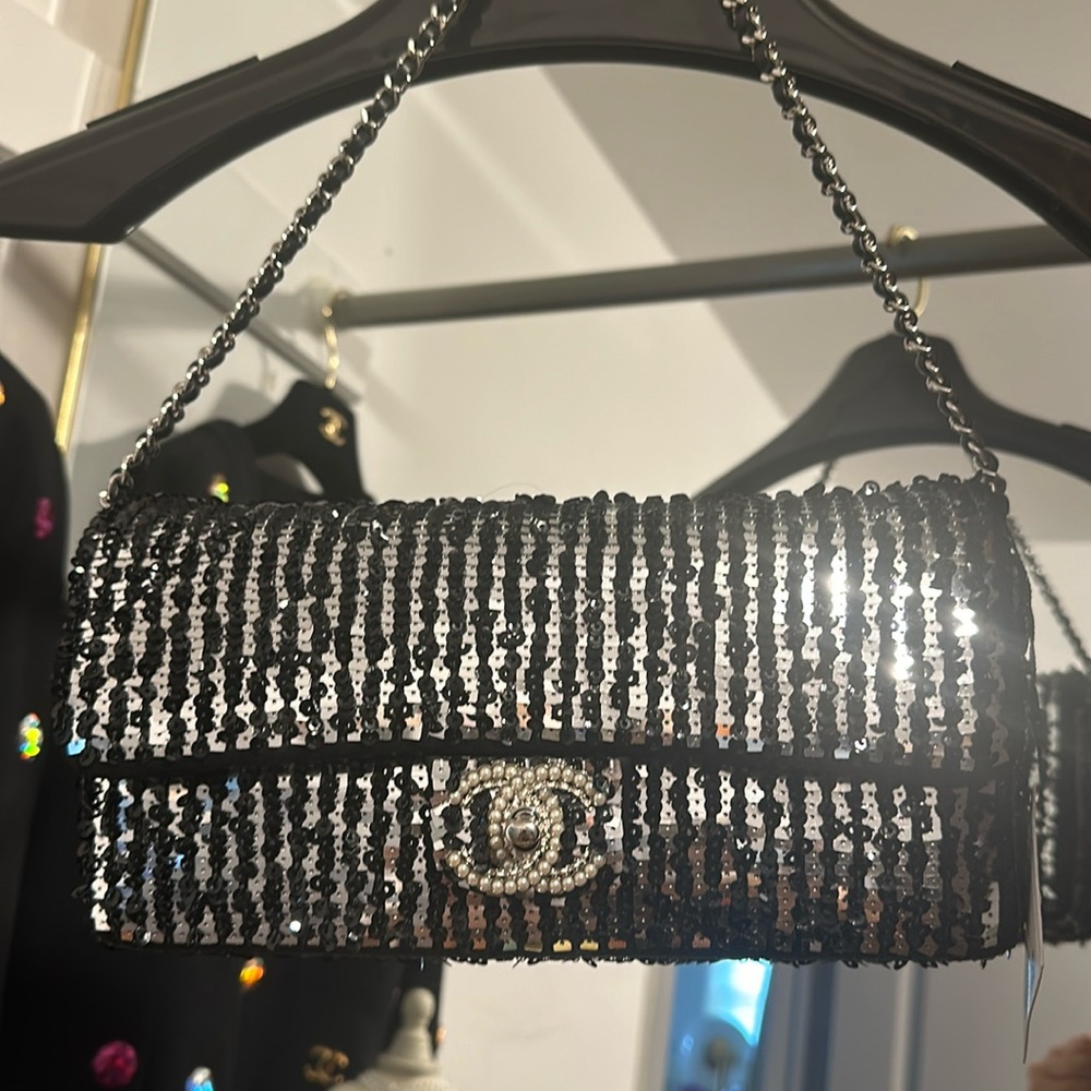 Chanel sequin black and silver clutch with CC pearls